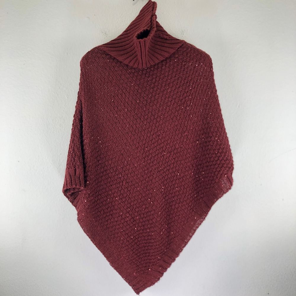 Burgundy Sequin Knit Turtleneck Poncho Wine Red Cape Sparkle Cozy Dark Academia